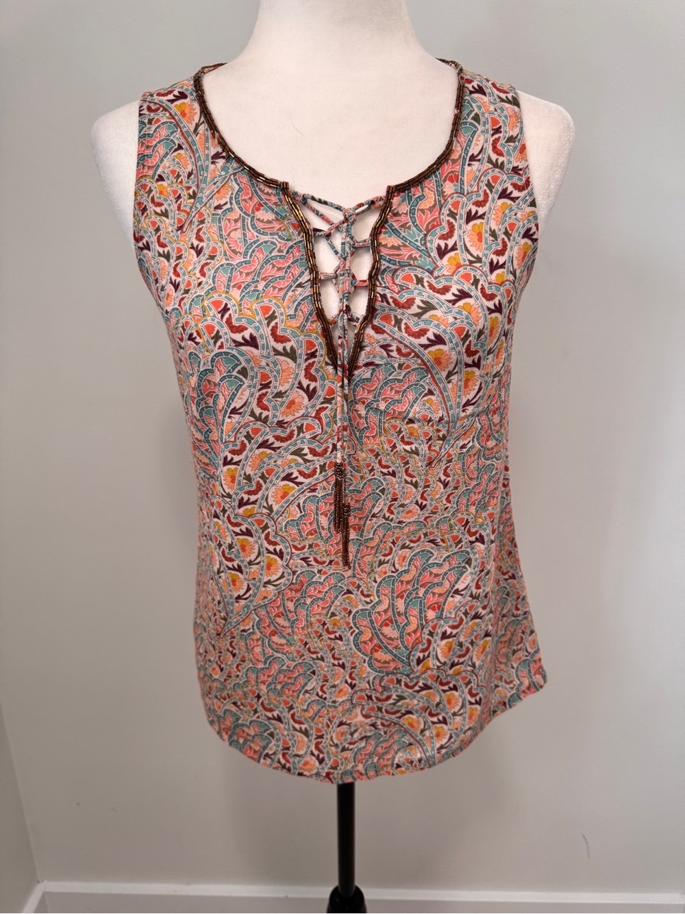 Tommy Bahama Paisley Lace-Up Camisole in Coral, Teal & Yellow Beaded Trim Sz XS